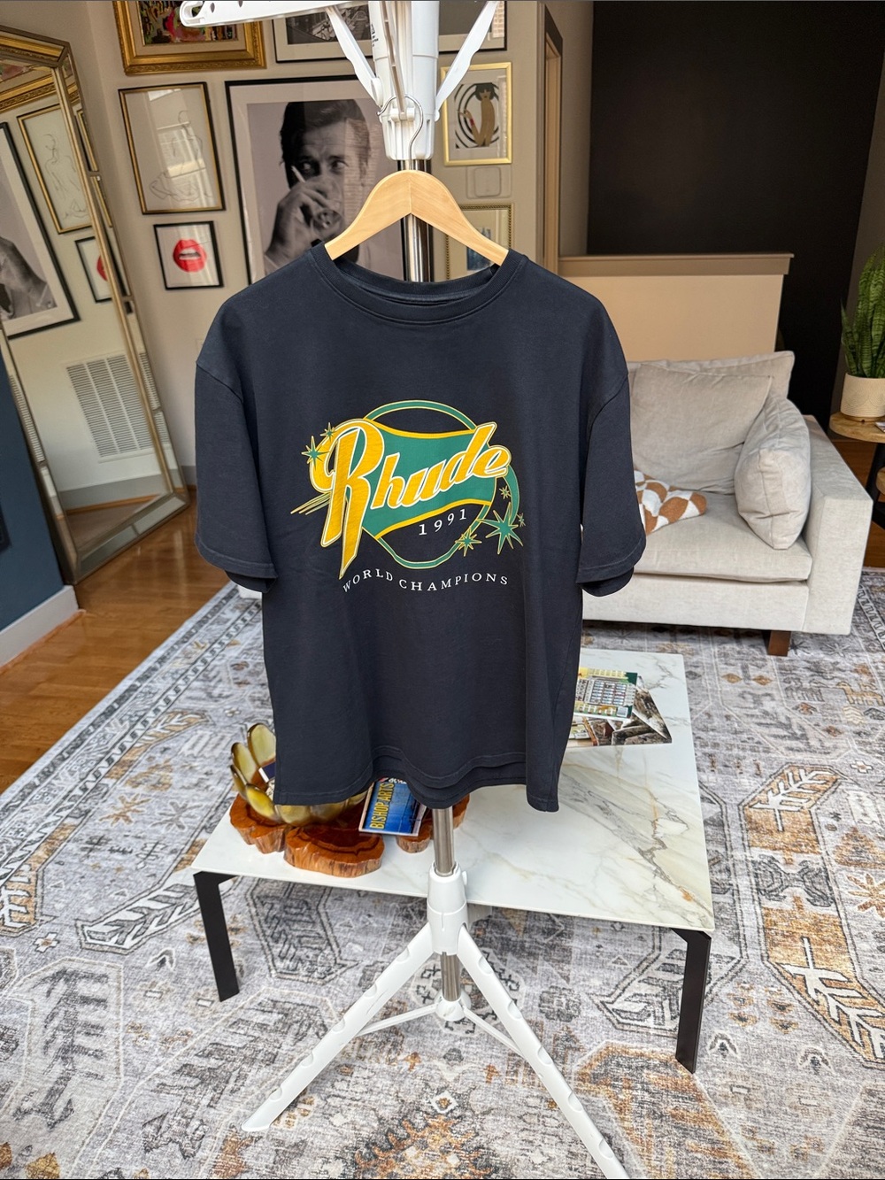 Rhude Black Short-Sleeve Tee with Yellow & Green Logo